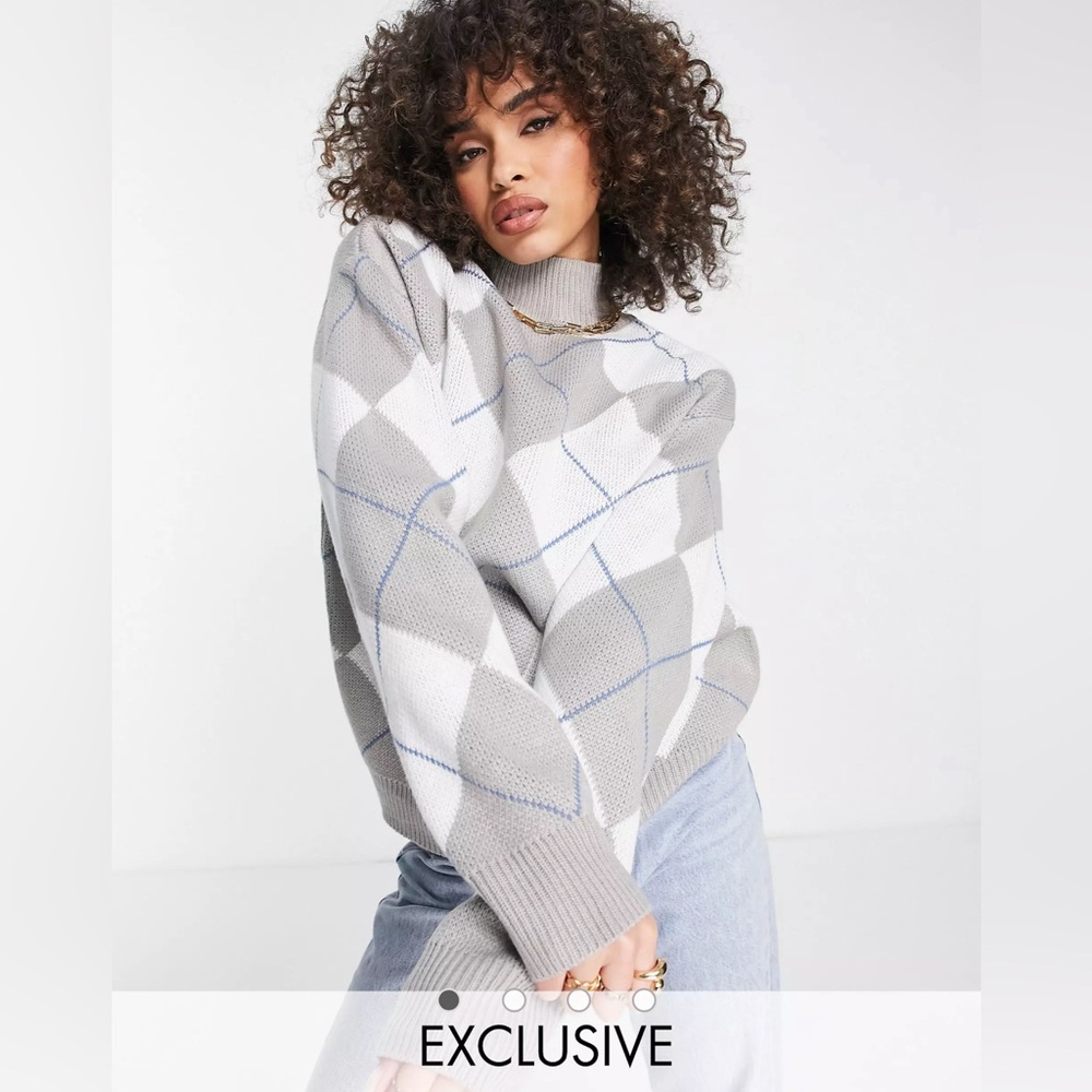 Missguided diamond check sweater in gray